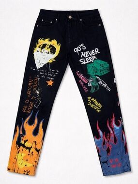 Men's Graphic Design Denim Jeans Streetwear Slim Fit Mid-Waist Size 30/29
